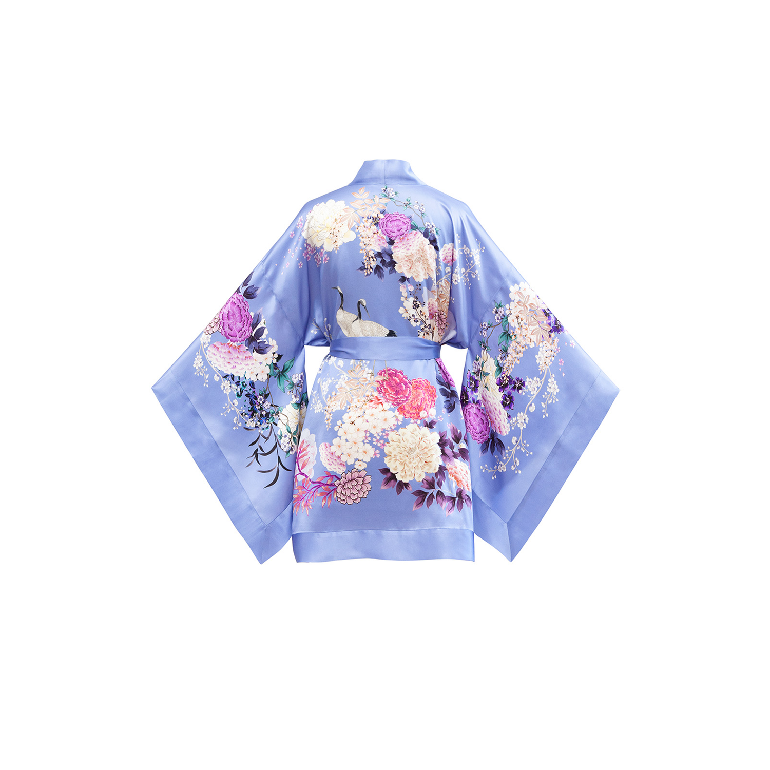 CORNFLOWER BLUE SILK SATIN SHORT KIMONO — MENG